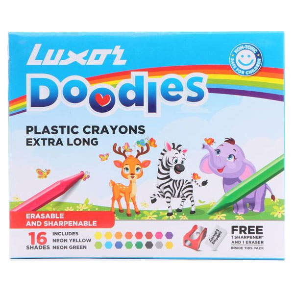 Luxor Doodles Extra Long Plastic Crayons Assorted Colors With Free Eraser & Sharpener
