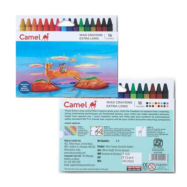 Camel Wax Crayons Assorted pack of 16 shades, Extra long