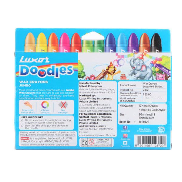 Luxor Doodles Jumbo Wax Crayons - Assorted Vibrant Colors With Bonus Gold Crayon