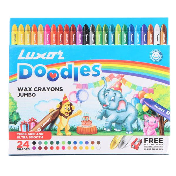 Luxor Doodles Jumbo Wax Crayons Set - Assorted Colors With Free Gold & Silver Crayons And Sharpener