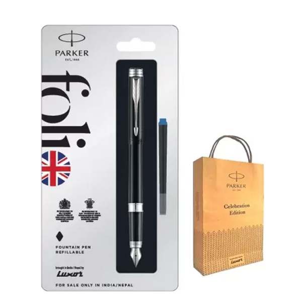 Parker Folio Standard Fountain Pen with Stainless Steel Trim | Ink Color - Blue