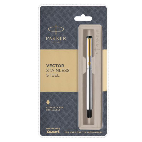 Parker Vector Stainless Steel Fountain Pen with Gold Trim | Ink Color  - Blue