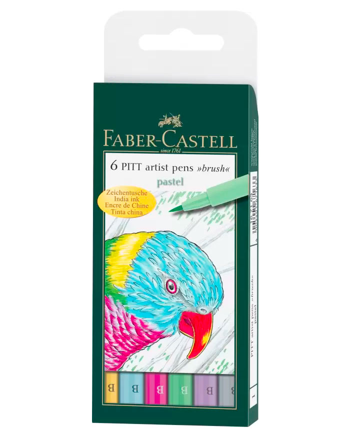 FABER-CASTELL India Ink Pitt Artist "B" Pastel Brush Pens (Set of 6, Multicolor)