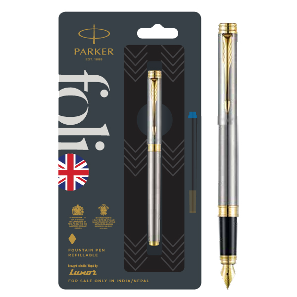 Parker Folio Stainless Steel Fountain Pen with Stainless Steel | Ink Color - Blue