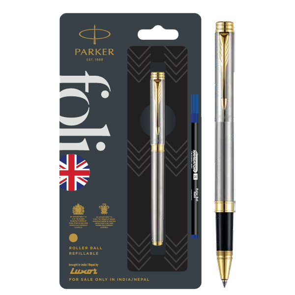 Parker Folio Stainless Steel Roller Ball Pen with Stainless Steel  | Ink Color - Blue