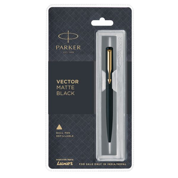 Parker Vector Matte Black Ball Pen with Gold Trim | Ink Color - Blue