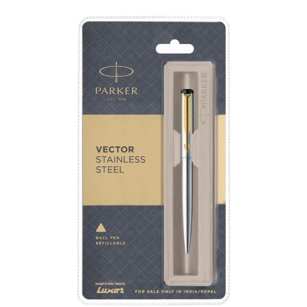 Parker Vector Stainless Steel Ball Pen with Gold Trim | Ink Color  - Blue