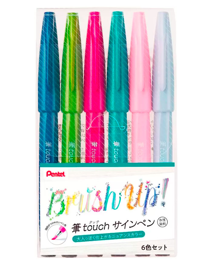 PENTEL Fude Touch Arts Bold Colours Water Based Brush Sign Pen Set of 6, Multicolor