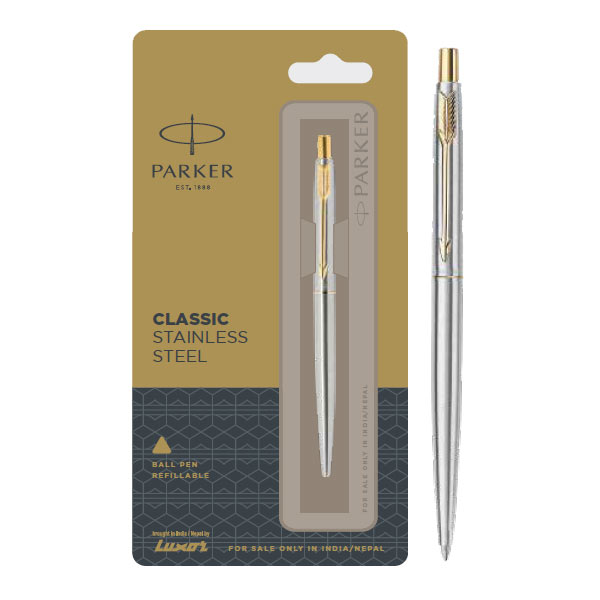 Parker Classic Stainless Steel Ball Pen with Gold Trim | Ink Color - Blue