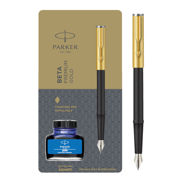 Parker Beta Premium Fountain Pen with Stainless Gold Trim + Ink Bottle | Ink Color - Blue