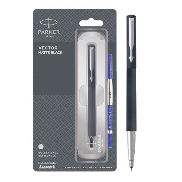 Parker Vector Matte Black Roller Ball Pen with Stainless Steel Trim | Ink Color - Blue
