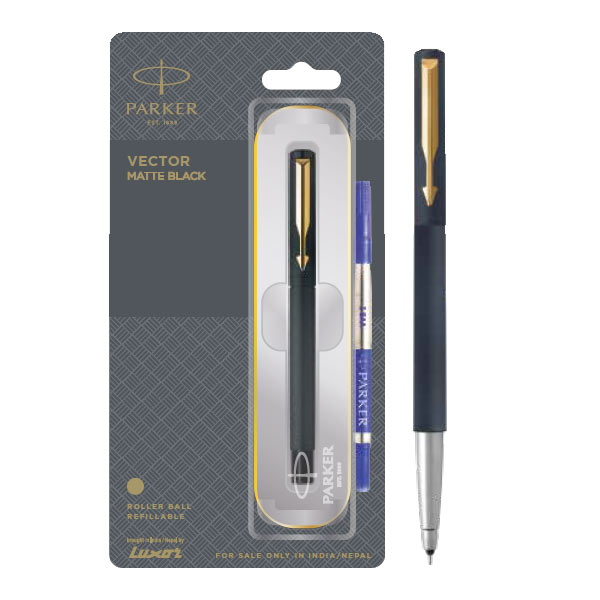 Parker Vector Matte Black Roller Ball Pen with Gold Trim | Ink Color - Blue