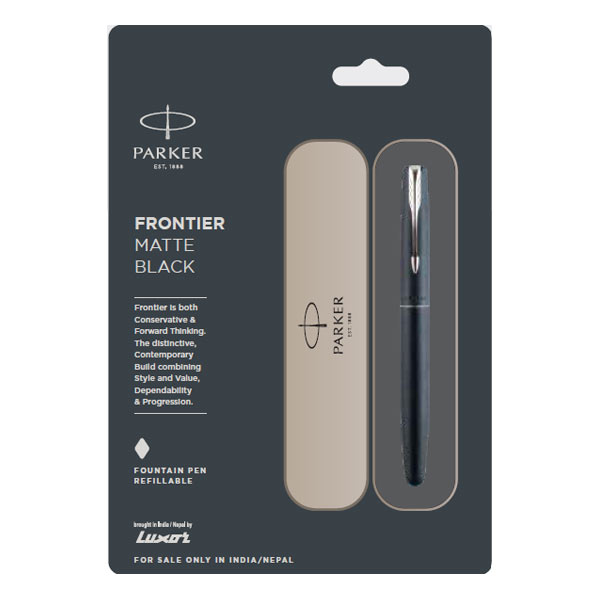 Parker Frontier Matte Black Fountain Pen with Stainless Steel Trim | Ink Color - Blue