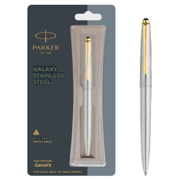Parker Galaxy Stainless Steel Ball Pen with Gold Trim | Ink Color - Blue