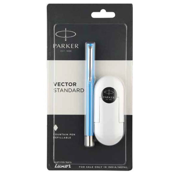 Parker Vector Standard Fountain Pen with Stainless Steel Trim + Ink Cartridge Box | Ink Color - Blue