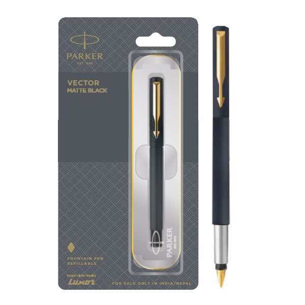 Parker Vector Matte Black Fountain Pen with Gold Trim | Ink Color - Blue