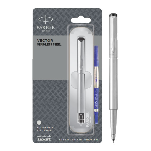 Parker Vector Stainless Steel Roller Ball Pen with Stainless Steel Trim | Ink Color - Blue