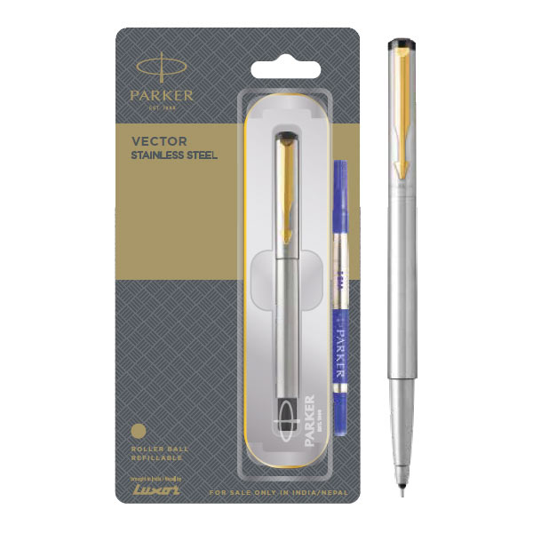Parker Vector Stainless Steel Roller Ball Pen with Gold Trim | Ink Color - Blue