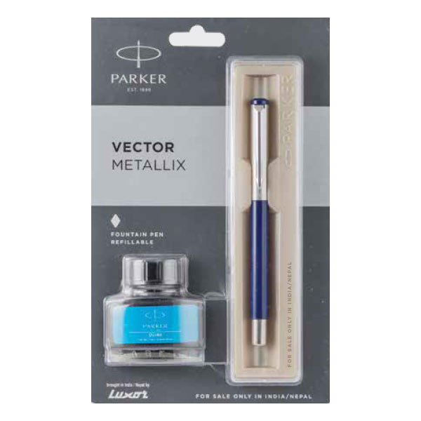 Parker Vector Metallix Fountain Pen with Stainless Steel Trim + Ink Bottle | Ink Color - Blue