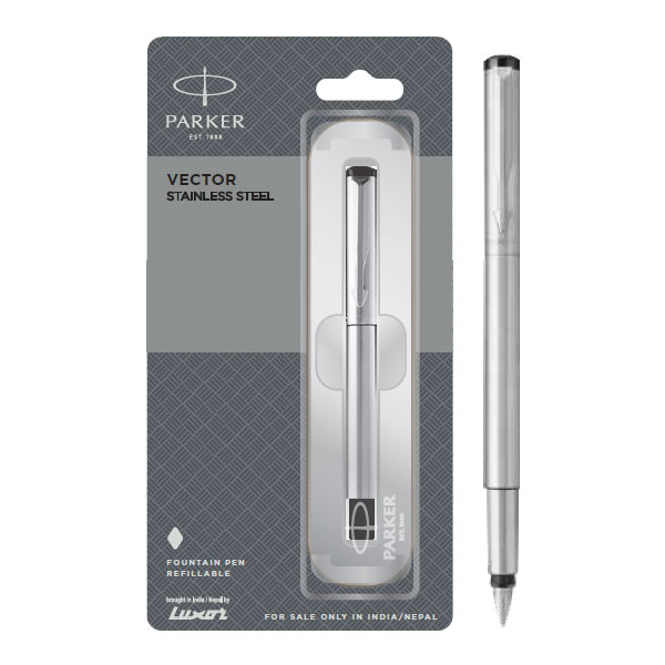Parker Vector Stainless Steel Fountain Pen with Stainless Steel Trim | Ink Color - Blue