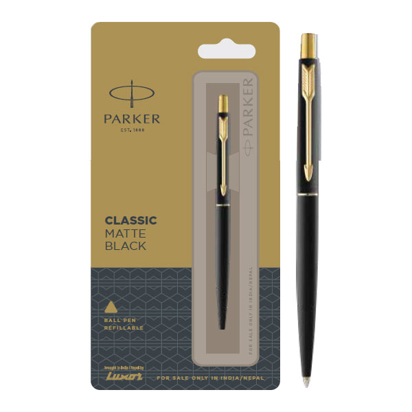 Parker Classic Matte Black Ball Pen with Gold Trim | Ink Color - Blue