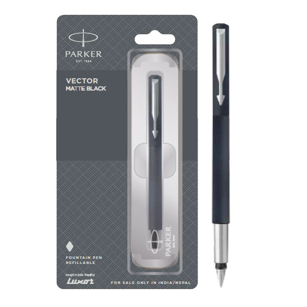 Parker Vector Matte Black Fountain Pen with Stainless Steel Trim | Ink Color - Blue