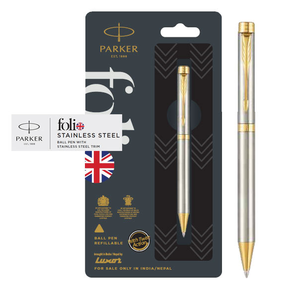 Parker Folio Stainless Steel Ball Pen with Stainless Steel Trim | Ink Color - Blue