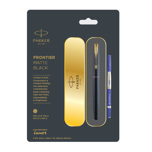 Parker Frontier Matte Black Roller Ball Pen with Gold Trim | Ink Color - Blue