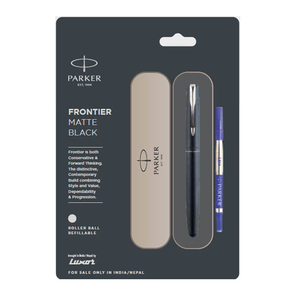 Parker Frontier Matte Black Roller Ball Pen with Stainless Steel Trim | Ink Color - Blue
