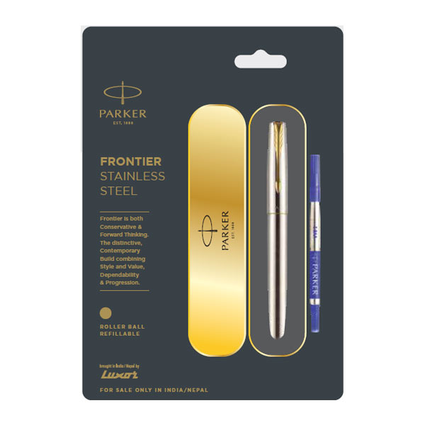 Parker Frontier Stainless Steel Roller Ball Pen with Gold Trim | Ink Color - Blue
