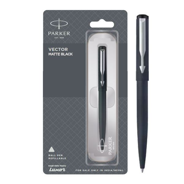 Parker Vector Matte Black Ball Pen with Stainless Steel Trim | Ink Color - Blue