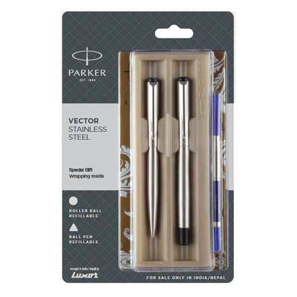 Parker Vector Stainless Steel Ball Pen + Roller Ball Pen with Stainless Steel Trim | Ink Color - Blue