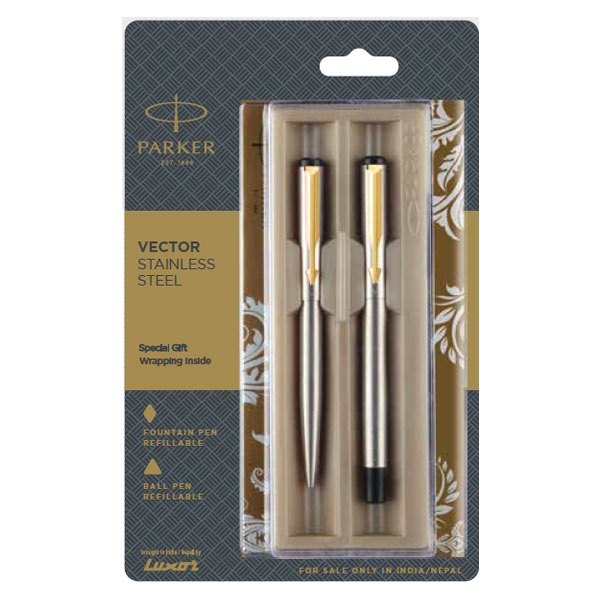 Parker Vector Stainless Steel Ball Pen + Fountain Pen with Gold Trim | Ink Color - Blue