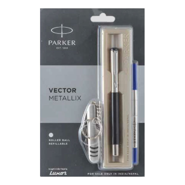 Parker Vector Metallix Roller Ball Pen with Stainless Steel Trim + Multy Utility Knife Keychain | Ink Color - Blue